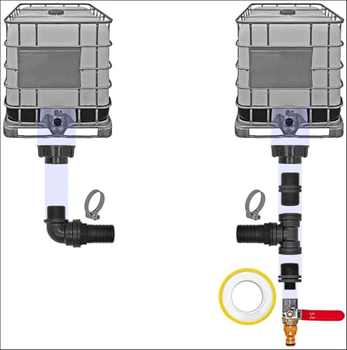 MegaHaustechnik Verbinder Set für 2 IBC Tanks, Zubehör Kugelhan 1/2 Zoll | S60x6 Grobgewinde Ø 60 x 6mm Gewindesteigung Container, Schellen, Dichtband, Schlauchtülle-Außendurchmesser 20mm