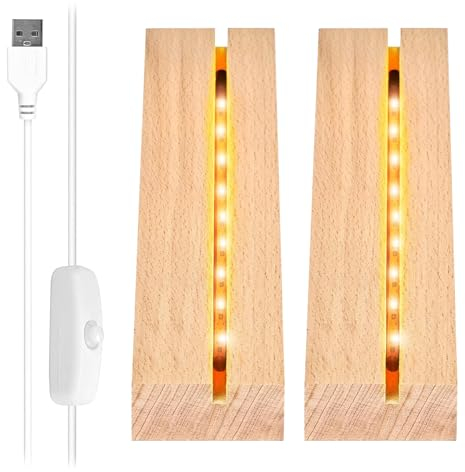 Leonshco Base de madera y LED, 2 unidades, interruptor USB, iluminación cálida para cristal acrílico
