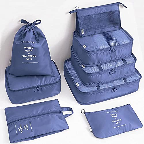 Juego de 8 cubos de embalaje para maletas, cubos de viaje, organizadores de equipaje, bolsa de accesorios, bolsa de almacenamiento grande ligera e impermeable, equipo de viaje con artículos de tocador