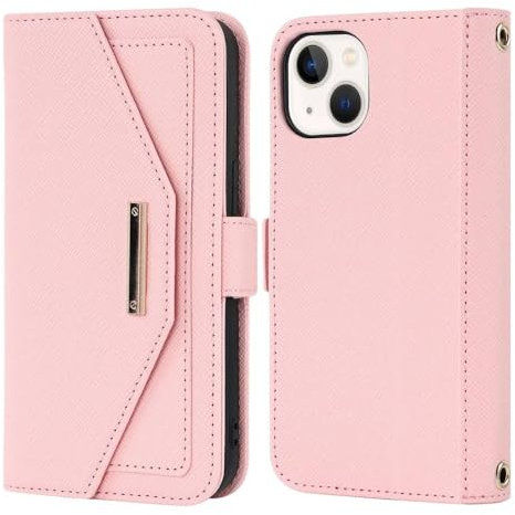 LVTFCO Custodia per telefono a portafoglio in pelle a grana incrociata per iPhone 15 14 13 12 11 Pro Max 15 14 7 8 Plus 12 13 Mini X XR Cover porta carte, Rosa, per iPhone 13 Mini