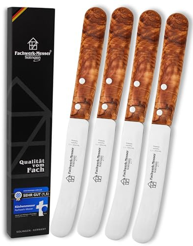 Fachwerk-Messer Buckelsmesser 4er-Set mit Handabzug/Glatt- Testsieger - Frühstücksmesser aus Solingen/Germany - Brötchenmesser/Brotzeitmesser Olivenholz