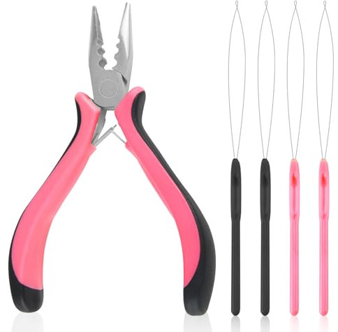 Hair Extension Plier with 4 Pcs Loop Needle Threader, 3-Hole Stainless Steel Hair Pliers Mini Pliers for Easy Removal Maintenance Professional Nano Hair Extension Tools for Micro Ring Nano Bead (Pink)