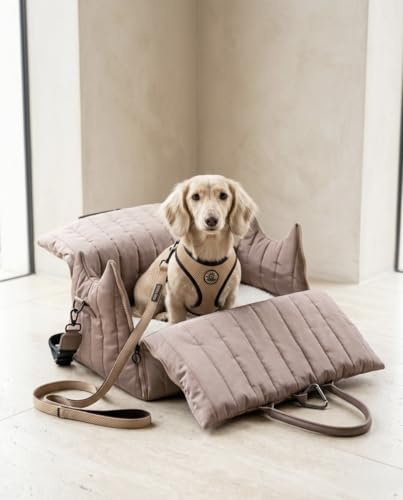 Hundetragetasche Donna 3-in-1 Tragetasche, Autosutz & Reisebett-orthopädisch Memory Foam, veganes Leder, stylisch & komfortabel für Hunde bis 10 Kg. (Sandbeige)