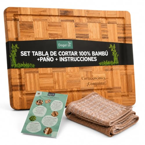 Dagal La - Tabla Cortar Cocina - Pack Tabla Madera Cocina Resistente 100% Bambu, Hecha a Mano, Antiséptica, con Paño de Microfibra y Guía de Cuidados - Tablas de Cocina para Chefs Caseros y Expertos
