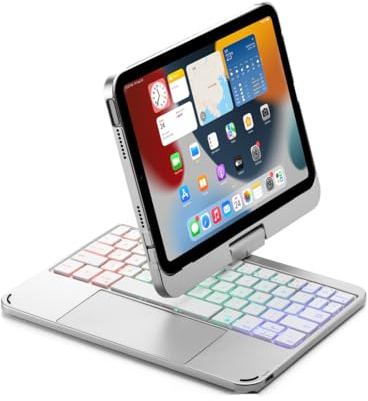 Tangentbordsfodral för iPad Mini 7 (2024) & Mini 6 (2021) 8.3, 360° Roterbart, Bakgrundsbelyst Tangentbord I 7 Färger med Styrplatta & Pennhållare,Silver
