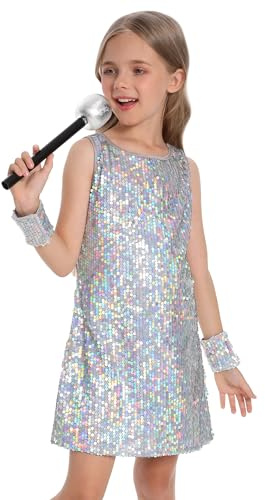 SEAUR Abito da Ballo per Ragazze, Costume con Paillettes con Microfono per Performance sul Palco, Abbigliamento da Danza Hip Hop Jazz, Abbigliamento da Street Dance Luminoso, 5-13 Anni, argento, 8-9