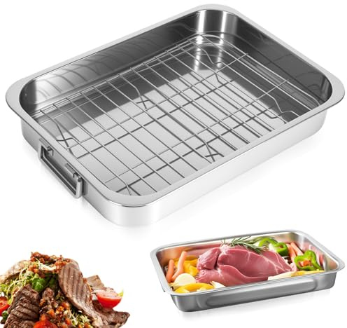 Stainless Steel Roasting Tray with Rack 33x23x5cm – Durable Oven Baking Pan for Meat, Vegetables & Cooking, Large Roasting Tin with Draining Grill, Bakeware Dish