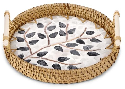 Bandeja de servir de ratán tejida a mano redonda de estilo vintage con asa y decoración de conchas, cesta de almacenamiento decorativa para frutas, pan, galletas, caramelos, joyas