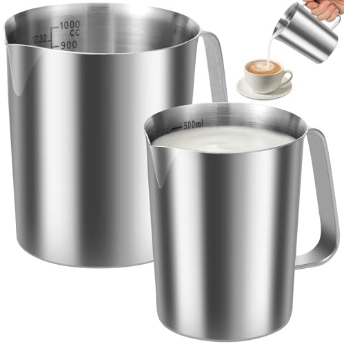 BAODBF 2er Set Edelstahl Messbecher 500 ml und 1000 ml Silber | Robuste Küchenmessbecher mit Ergonomischem Griff und Präzisem Ausguss für Kaffee Bar Restaurant Backen Skala Kanne