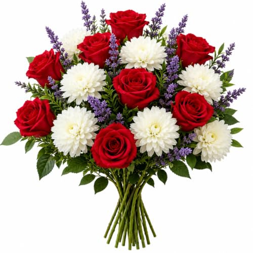 Bouquet di fiori artificiali, bouquet di fiori artificiali in seta, composizioni floreali finte per interni ed esterni, matrimoni, casa e feste e tavolo, con rose rosse di crisantemo bianco lavanda
