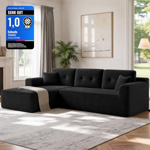 VASAGLE Ecksofa, modulares Sofa 244 cm breit, vakuumverpackt, Schlafsofa, Keine Montage erforderlich, mit großer Chaiselongue Links, für Wohnzimmer, Gästezimmer, Tintenschwarz LCS183B101
