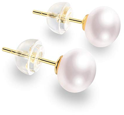 Pendientes de Perla Fina Cultivada Blanca - Plata de Ley 925 con Baño de Oro 18K - Perlas Naturales Tipo Botón