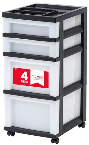 IRIS USA Plastic Drawer Storage Organizer Rolling Cart, with Wheels Casters, 4-Drawers, for Classroom Art Craft Supplies Dresser Closet Bathroom Laundry Room, Black/Pearl