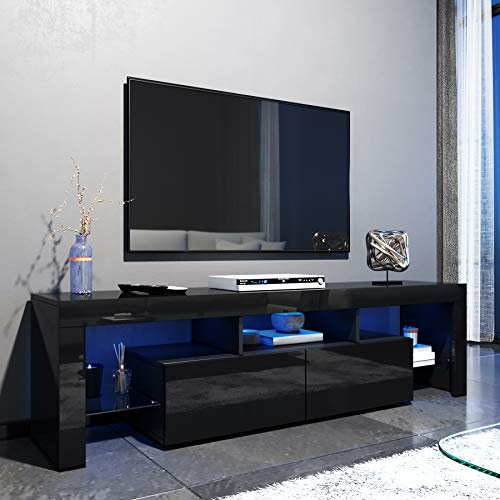 ELEGANT High Gloss TV Stand with LED Lights, 160cm TV Unit with 2 Drawers