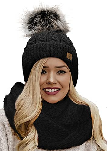 4sold Dam vinter ribbad handgjord stickad mössa och halsduk mohair ull mössa med tjock fuskpäls tofs pom insida mysigt fleecefoder, Set Scarf & Hat Carla Black, en storlek