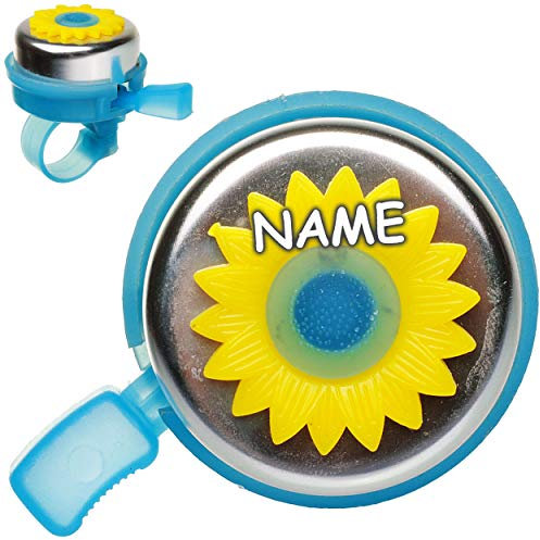 alles-meine.de GmbH kleine - Fahrradklingel/Glocke - Blume - blau - türkis / 3D Effekt - inkl. Name - Ding Dong - 2 Klang - stabiles Metall - UNIVERSAL Klingel für das Fahrrad ..