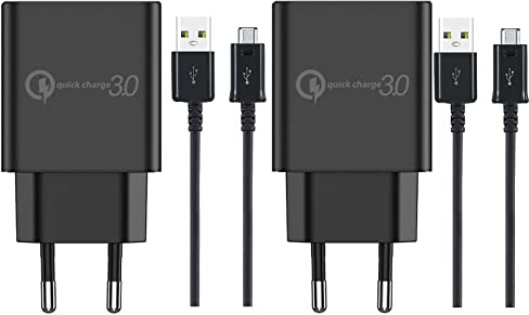 2X 18W Quick Charge Ladegerät mit 1,5 m Micro-USB Ladekabel – Schnellladeadapter für Samsung Galaxy, Smartphones und Tablets