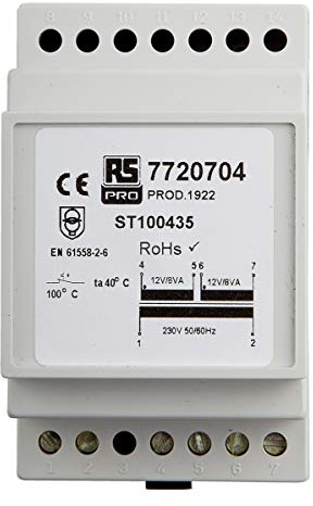 RS PRO DIN-Schienen-Trafo, 16VA, Primär 230V ac/Sekundär 12V ac DIN-Hutschiene 2 Ausg., 86mm x 52.5mm x 58mm