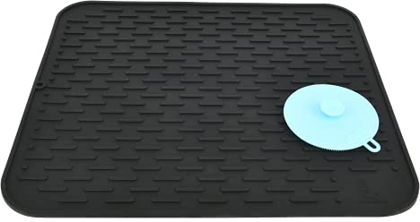 Super Kitchen Große Silikon Geschirr Abtropfmatte mit Schwamm, Trockenmatte, Hitzebeständig Matte Untersetzer, Topfuntersetzer (Schwarz, 45×40cm)