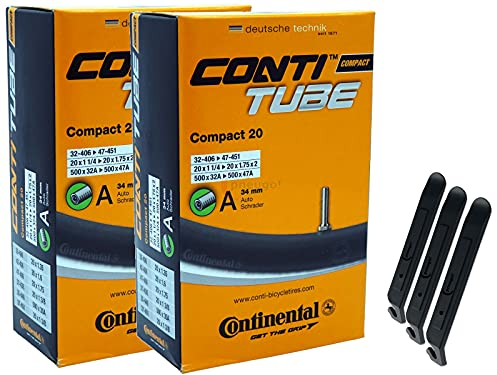 pneugo! Set 2 x Continental Fahrradschlauch 20 Zoll Autoventil 35-406/47-406 (Compact) + 3 Reifenheber