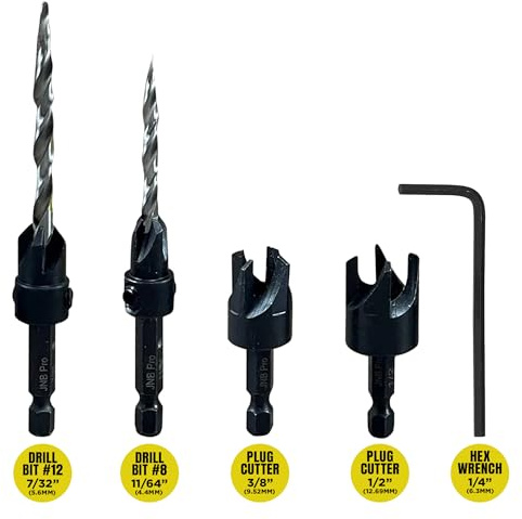JNB Pro Wood Countersink and Plug Cutter Set - 2pc Adjustable HSS Countersink Bit #8(7/64) #12(7/32) and 2pc Screw Hole Cutters 3/8 1/2 Dia, Hex Shank - Black Oxide Coating, Drill Plug Kit