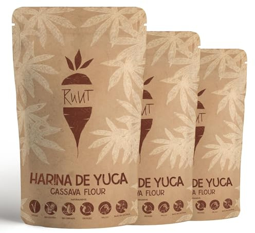 Ruut Harina de Yuca Totalmente Natural - Paleo, Vegetariana, Protocolo AIP, Dieta FODMAP - Polvo sin Gluten - Harina de Pan Sana sin Frutos Secos, Cereales ni Aditivos - sin Gluten 3 x 1kg