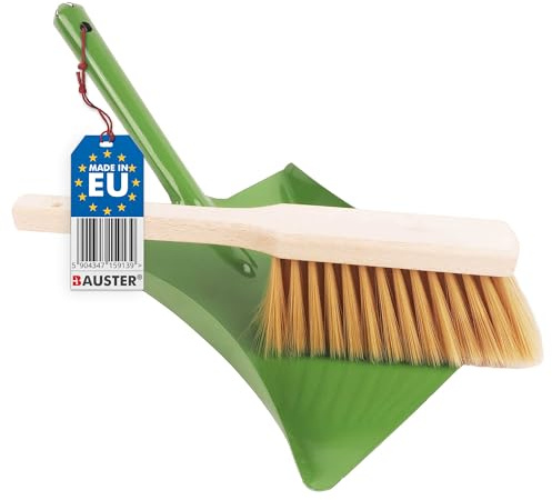 Bauster® Kit de balayage manuel avec poils spéciaux, balayette et balayette en métal revêtu par pulvérisation, balayette et pelle avec œillet de suspension, kit de balayage avec balai, vert