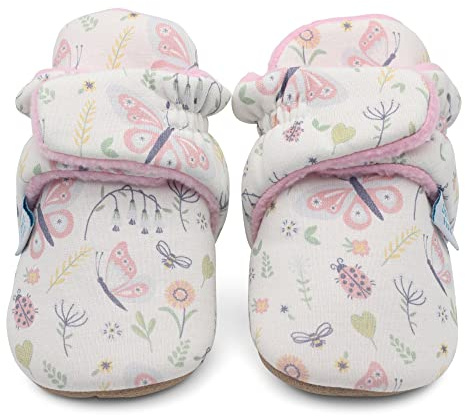Dotty Fish Stivaletti Neonato - Scarpe Invernali Comode e Calde in Cotone - Suola in Suede Antiscivolo - Foderati in Pile - Rosa con api e farfalle - 12-18 Mesi.