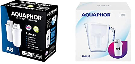 AQUAPHOR A5 Replacement Water Filter cartridges, fits All A5 Filter jugs, 2 Pack, 350l per Filter & Smile Fridge Water Filter Jug, Includes 1x A5 Filter Cartridge to Reduce Limescale