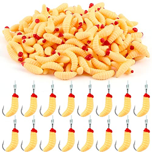 Fabbay 200 Pcs 20mm Soft Maggot Baits Fake Bread Worms for Fishing Lures for Artificial Wax Worms for Freshwater Saltwater Lake Trout Ice Fishing Lure