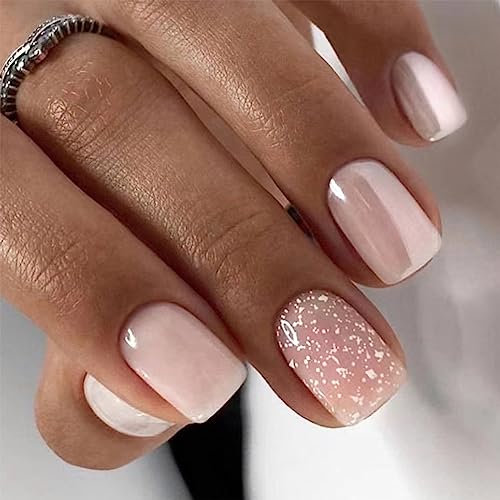 TMUT 24pcs Short False Nails Square Stick on Nails Glitter Pink Press on Nail Removable Glue-on Fake Nail Art Accessories for Women