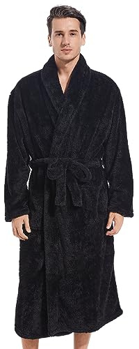 Inner Wish Mens Plush Fleece Robe, Highly Absorbent Cozy Warm Bathrobe Fuzzy Male Spa Long Robe With Pockets, BLACK, L/XL