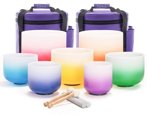 KVKA Kristall-Klangschalen Set, 6-12 inch 432Hz Gradien Quarz Chakra Sound Healing Klangschalen für Yoga Meditation Entspannung Stressabbau mit Tragetasche