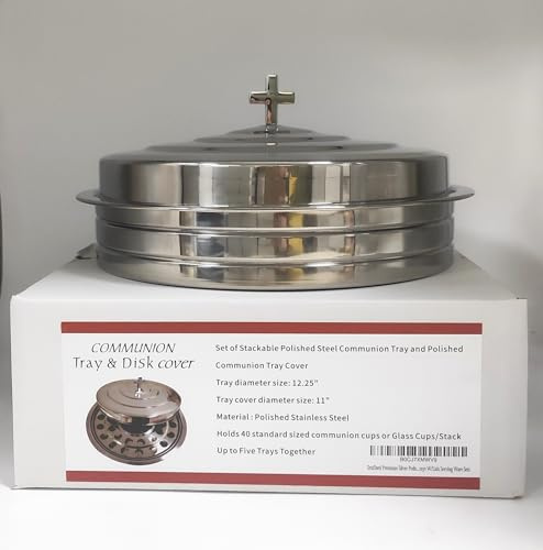 SruiSwei Premium Silver Polished Steel Communion Tray W/Cover for Church Service,Stackable Communion Serving Tray and Cover for Communion Cups,Church Communion Trays W/Lids Serving Ware Sets