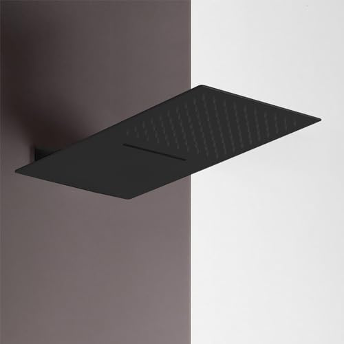 Soffione doccia a sbalzo nero opaco 25x52 slim con cascata ed effetto pioggia, in acciaio inox