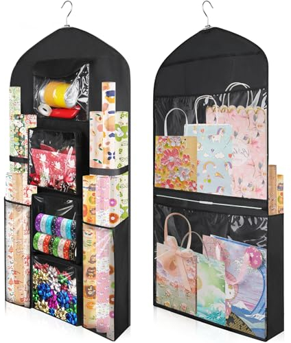 Portarotoli per Regali Appendibile Grande 48X24 Nero, Borsa Contenitore XXL Doppia Faccia per Carta Regalo, Organizzatore in Oxford per Porte/Armadi