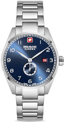 Swiss Military Hanowa män analog schweizisk kvartsurverk klocka med rostfritt stål armband SMWGH000705, Silverblå, Armband
