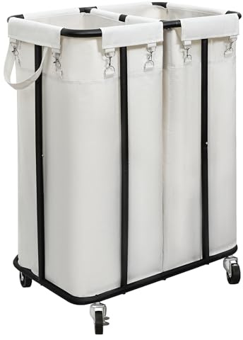 WOWLIVE doppelter Wäschekorb mit Rollen, 170 l, Roll-Wäschekorb, Organizer, mit Stahlrahmen und abnehmbaren Taschen, großer Wäschekorb, Aufbewahrung für Schlafzimmer (beige)