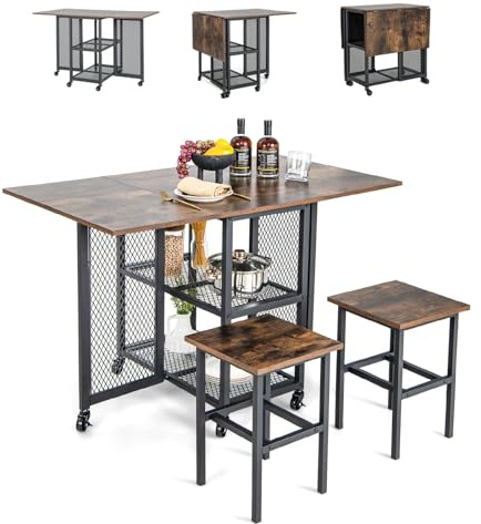 RELAX4LIFE Table à Manger Extensible à roulettes, Ensemble Table et Chaises Ecastrables avec Plateau Rabattable, 2 Étagères de Rangement, Table Roulante avec Cadre en Métal pour Petit Espace