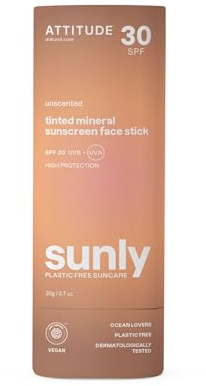 ATTITUDE Crème Solaire Teinté Visage Minéral Solide, SPF 30, EWG Verified, Protection Large Spectre UVA/UVB avec Oxyde de Zinc, Testé Dermatologiquement, Végan, Sans Parfum, 20 g