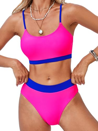 CUPSHE Bikiniset för kvinnor två delar baddräkter hög midja rund hals spagetti justerbara remmar texturerade, Blå/magenta, S