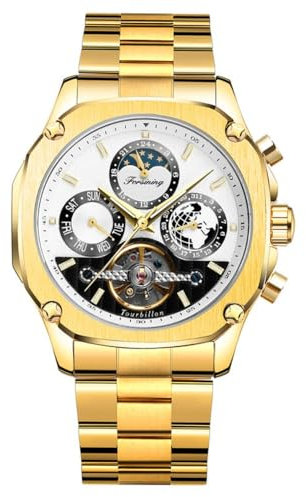 DAXIAOYU Herren-Armbanduhr, automatisch, mechanisch, Super Grand Moonphase, hohl, Tourbillon, Erde, Datum, Wochenanzeige, Roségold, Edelstahl, Goldweiß, Luxuriös