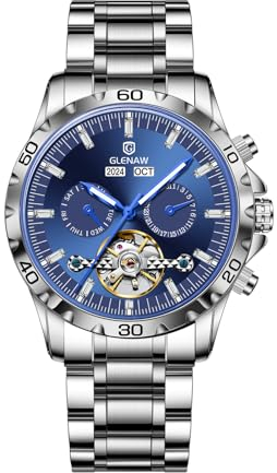 GLENAW Herren-Skelett-Uhr, Tourbillon, automatisches Aufziehen, Datum, luxuriöses Edelstahlband, wasserdicht, leuchtend, Herren-Armbanduhr, 8961-blaues Zifferblatt, Modern