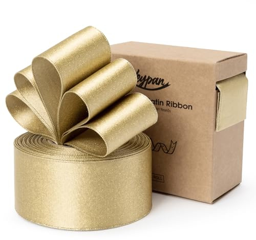 Keypan Hellgold Satinband 38mm, mit Drahtkante Glitzerndes Geschenkband Schleifenband für Kränze, Weihnachtsbaumdekoration, Geschenkpapiere, Wohnkultur, 9.14m