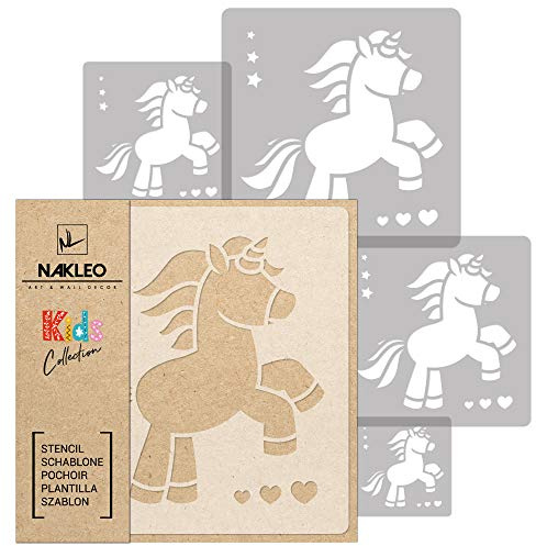 NAKLEO Schablonen Malen für Wandgestaltung im Kinderzimmer, 5 Stück Set 9x9 bis 34x34cm Einhorn Märchenhafte Magie, Kinderzimmer Malvorlage Raumdekoration, Basteln DIY Wand Möbel