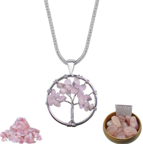 IDELUSH Árbol de la Vida Collar Cuarzo Rosa Collares Mujer Plata, Colgantes Arbol de la Vida, Collar Arbol de la Vida, 925 Colgante Árbol de la Vida, Regalos para Mujer Madre, collar de 55 cm