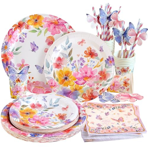 SUNBEAUTY 80 Stück Schmetterling Partygeschirr Set，Blumen Deko Geburtstag，Pappteller Kindergeburtstag Set Mädchen für Hochzeiten Frühlingsfest Babyshower Deko 16 Gäste