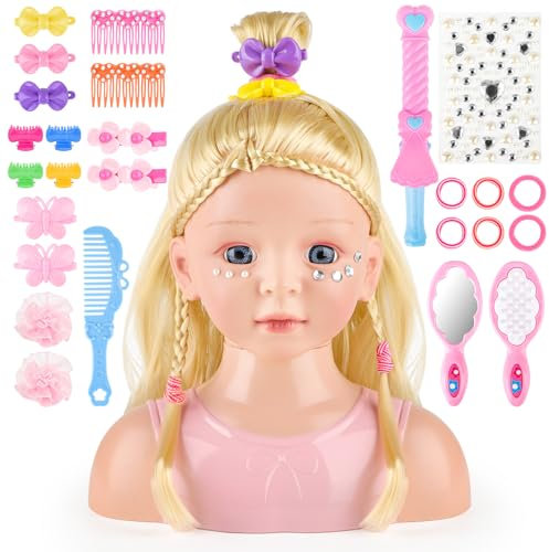 deAO Schminkkopf & Frisierkopf Kinder 23cm – Schminkpuppe mit Blonden Haaren, Schminke und Zubehör Styling Head & Make-up Kopf für Mädchen ab 3 Jahren