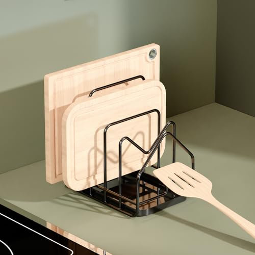 PAVSTINE 4 Slots Chopping Board Holder, Pan Lid Drawer Rack Stand with Drip Tray, Kitchen Countertop Cupboard Organiser for Baking Tray, Pot Pan Lid, Cutting Board Storage, Black