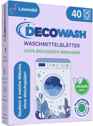 Waschmittelblätter (bis zu 80 Wäschen) – Waschmittel Blätter Ökologisch, Hypoallergen, Lavendelduft, Biologisch Abbaubar, Plastikfrei – Ideal für Empfindliche Haut, Hand- & Maschinenwäsche